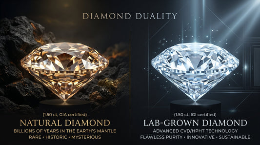 Editorial cover photo featuring a sparkling natural raw diamond next to a polished lab-grown diamond on a reflective dark surface.