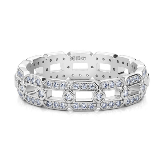 0.43ctw lab grown diamond geometric openwork link ring in 925 sterling silver with laser engraving.