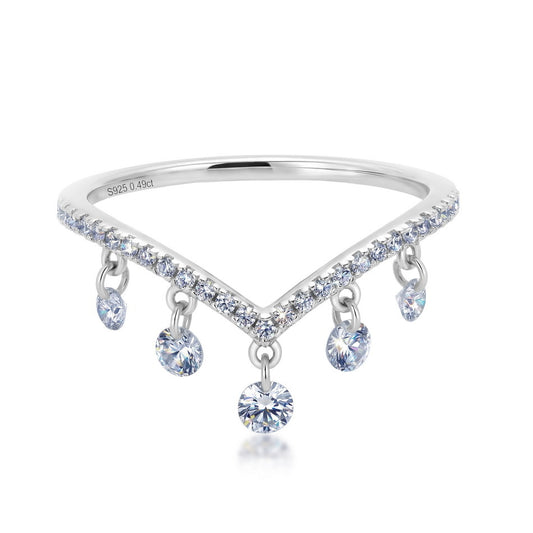 0.49ct V-shaped wishbone lab grown diamond dangling charm ring in 925 sterling silver.