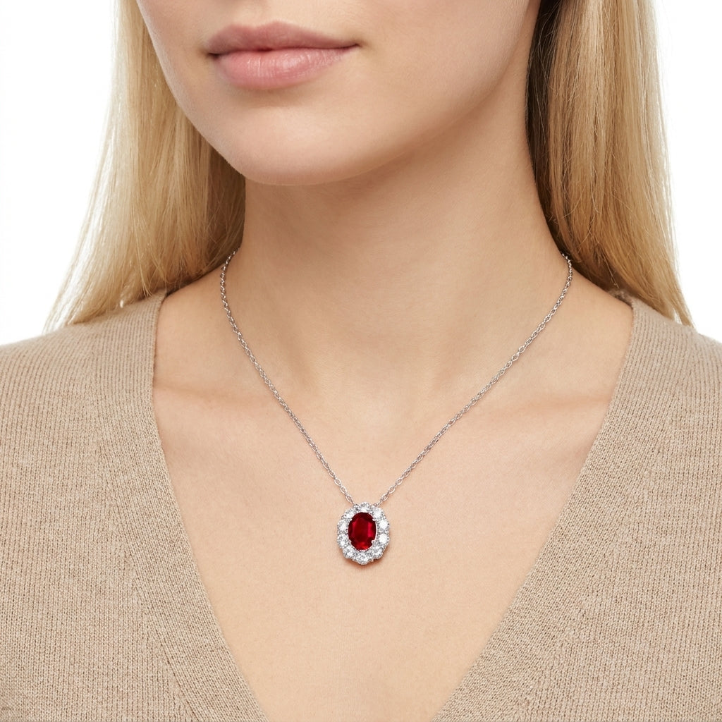 0.8ct Oval Ruby Pendant Necklace on model, Effortless Luxury style, 925 Sterling Silver
