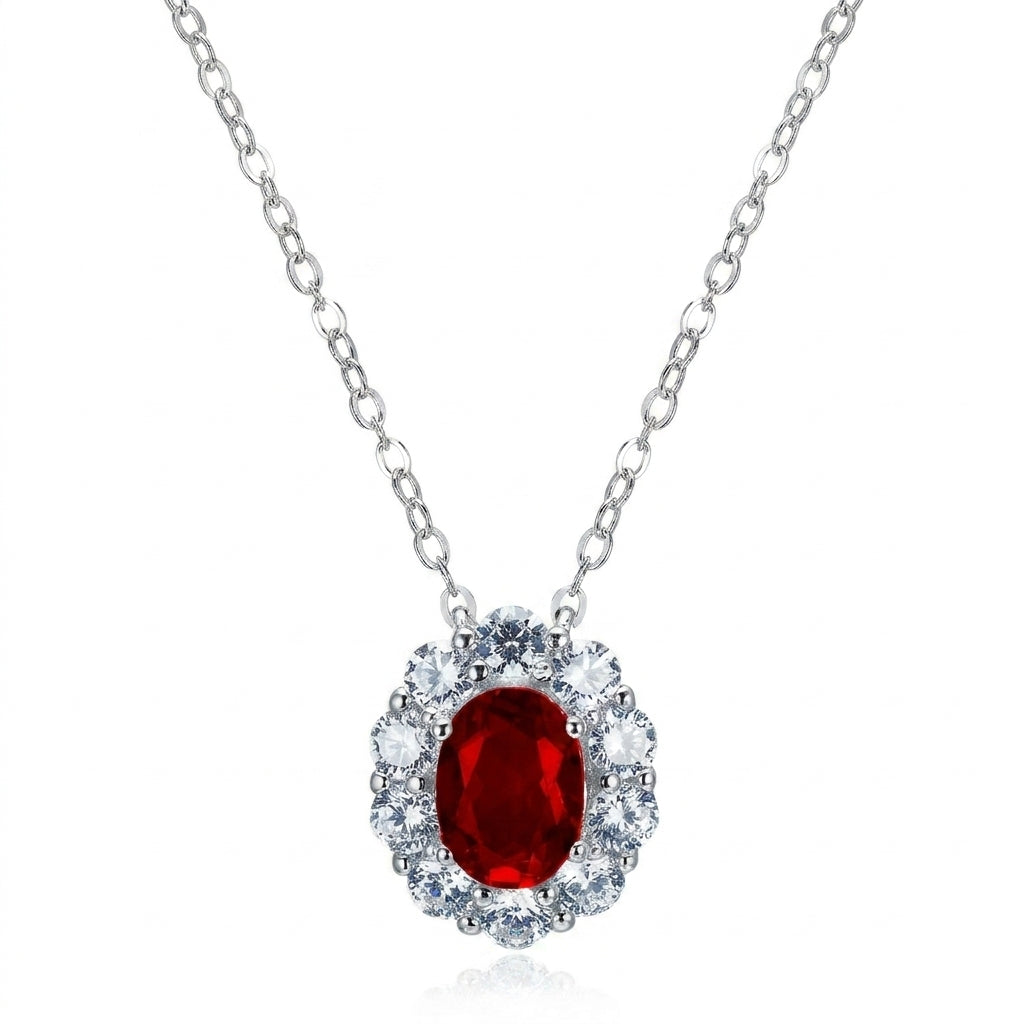 0.8ct Oval Ruby Pendant Necklace, solid 925 sterling silver, isolated on white background