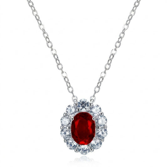 0.8ct Oval Ruby Pendant Necklace, solid 925 sterling silver, isolated on white background