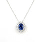 0.8ct oval cut blue sapphire pendant necklace, diamond halo setting, sterling silver.