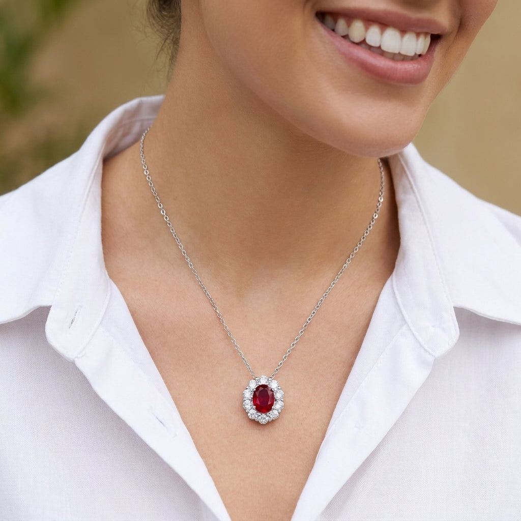 0.8ct Oval Ruby Pendant Necklace worn with white shirt, Minimalist Vintage aesthetic