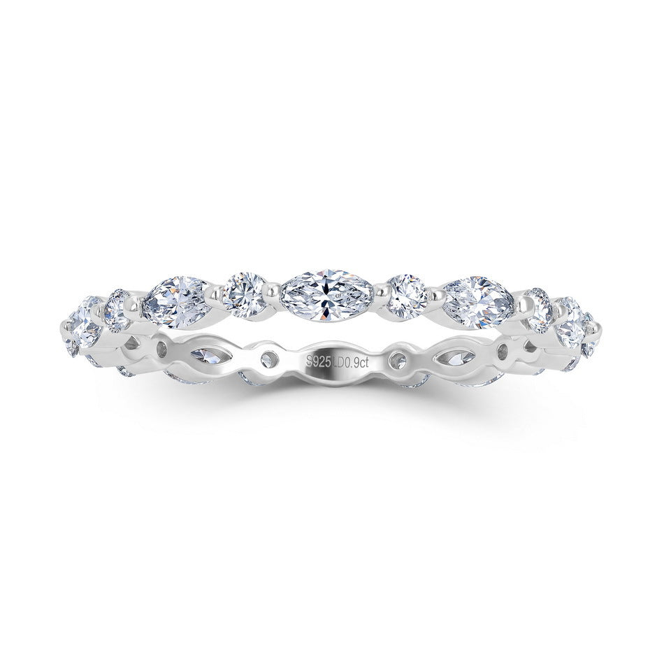 0.9ct marquise and round lab diamond stackable eternity ring in 925 sterling silver.