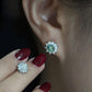 Earrings worn as romantic statement. Alt: “Floral Sparkle: Moissanite Cluster Earrings.”