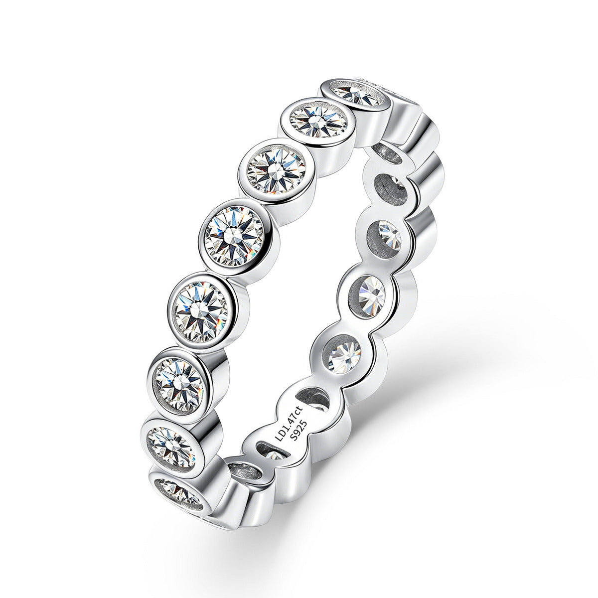 1.31 ctw bezel set round cut lab grown diamond eternity ring in sterling silver isolated on white background