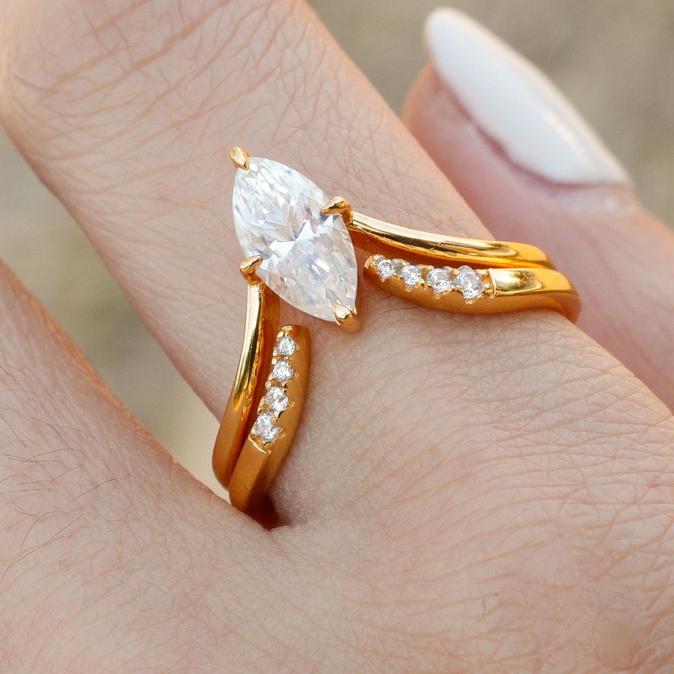 Set worn as double-stacked wedding rings. Alt: “Customizable Elegance: Marquise Diamond Bridal Set.”