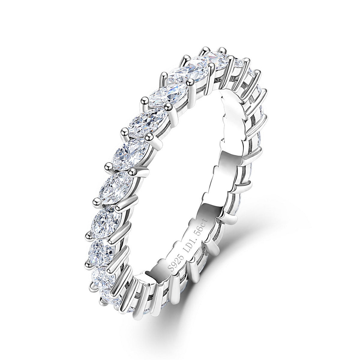 1.56 ctw marquise cut lab grown diamond eternity ring in sterling silver isolated on white background