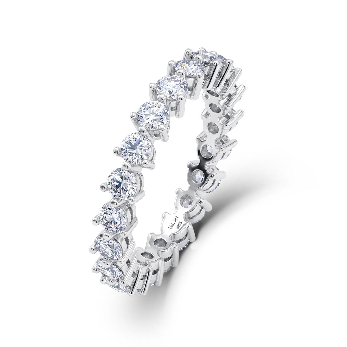 1.90 ctw round cut lab grown diamond eternity ring in sterling silver isolated on white background