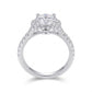 Side profile view showing prong basket setting and halo frame on silver moissanite ring.