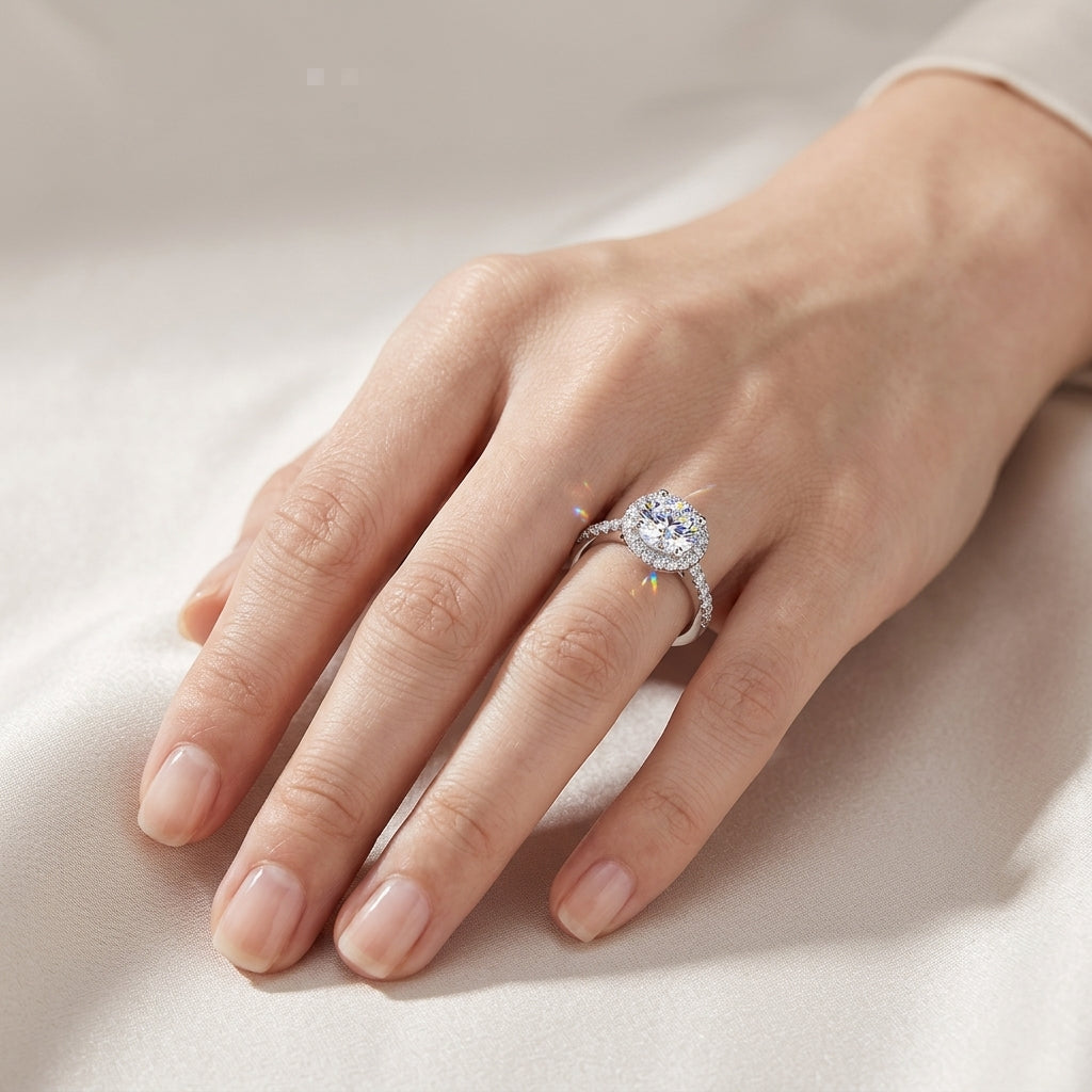 Model showing 1 carat round cut moissanite halo ring on hand in soft natural lighting.