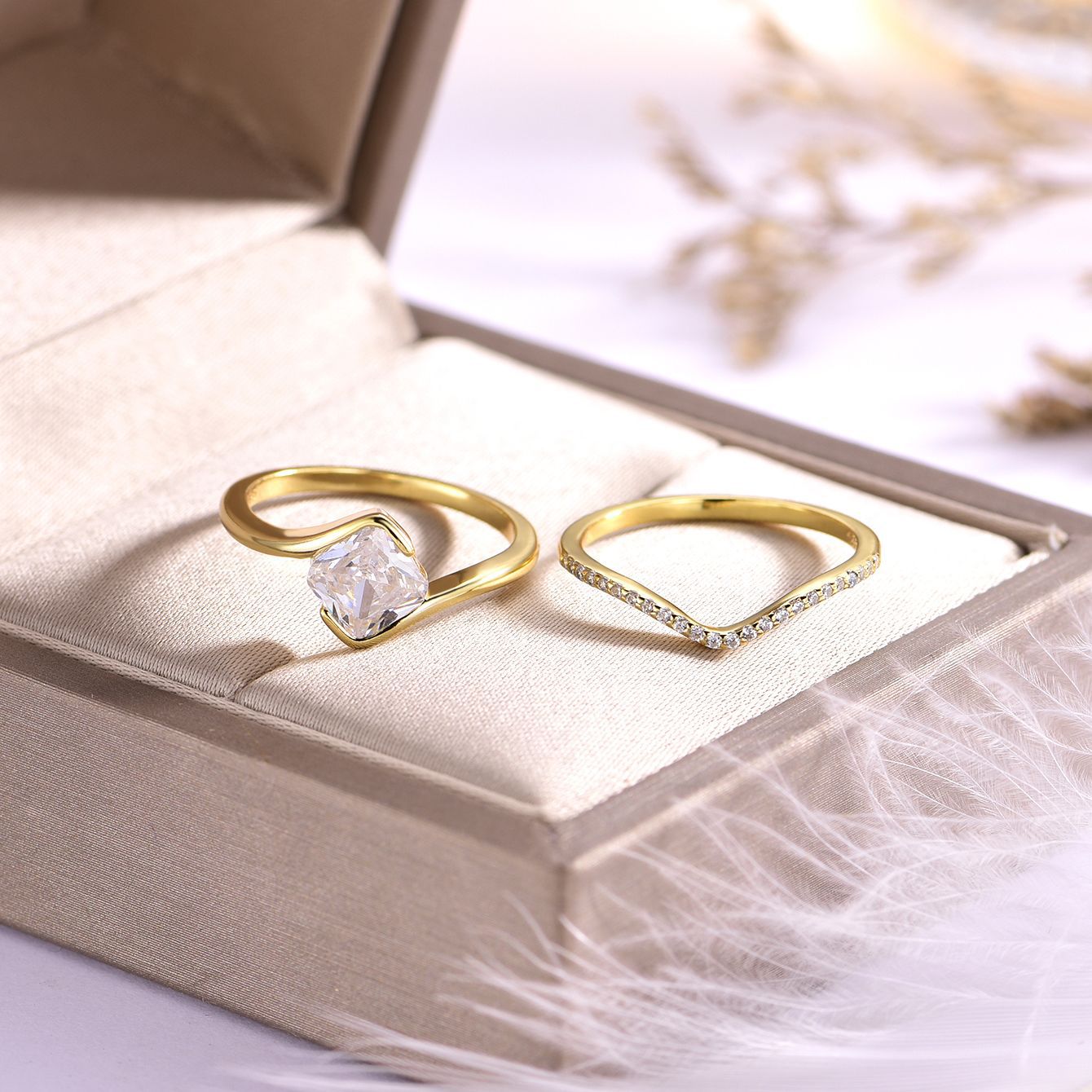 Yellow gold square diamond set on neutral background. Alt: “1.2CT Square Diamond Stacking Set – 18K Yellow Gold.”