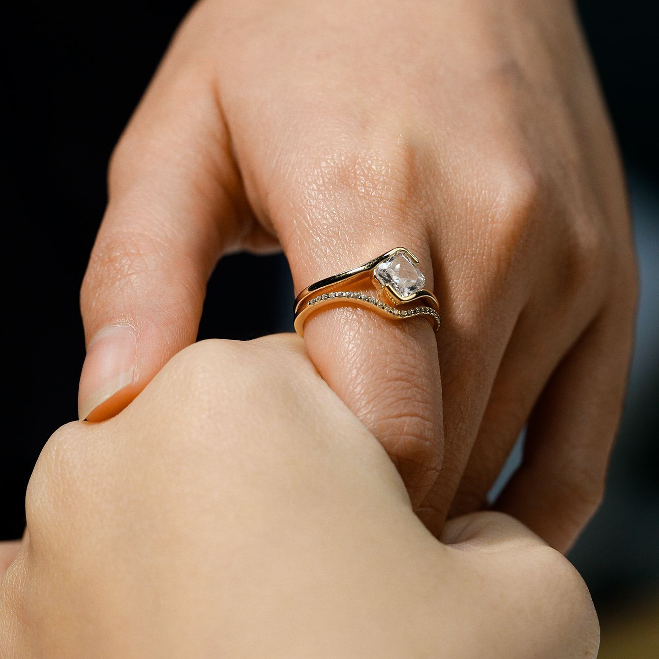 Set worn as double-stacked wedding rings. Alt: “Geometric Style: Square Diamond Bridal Set.”