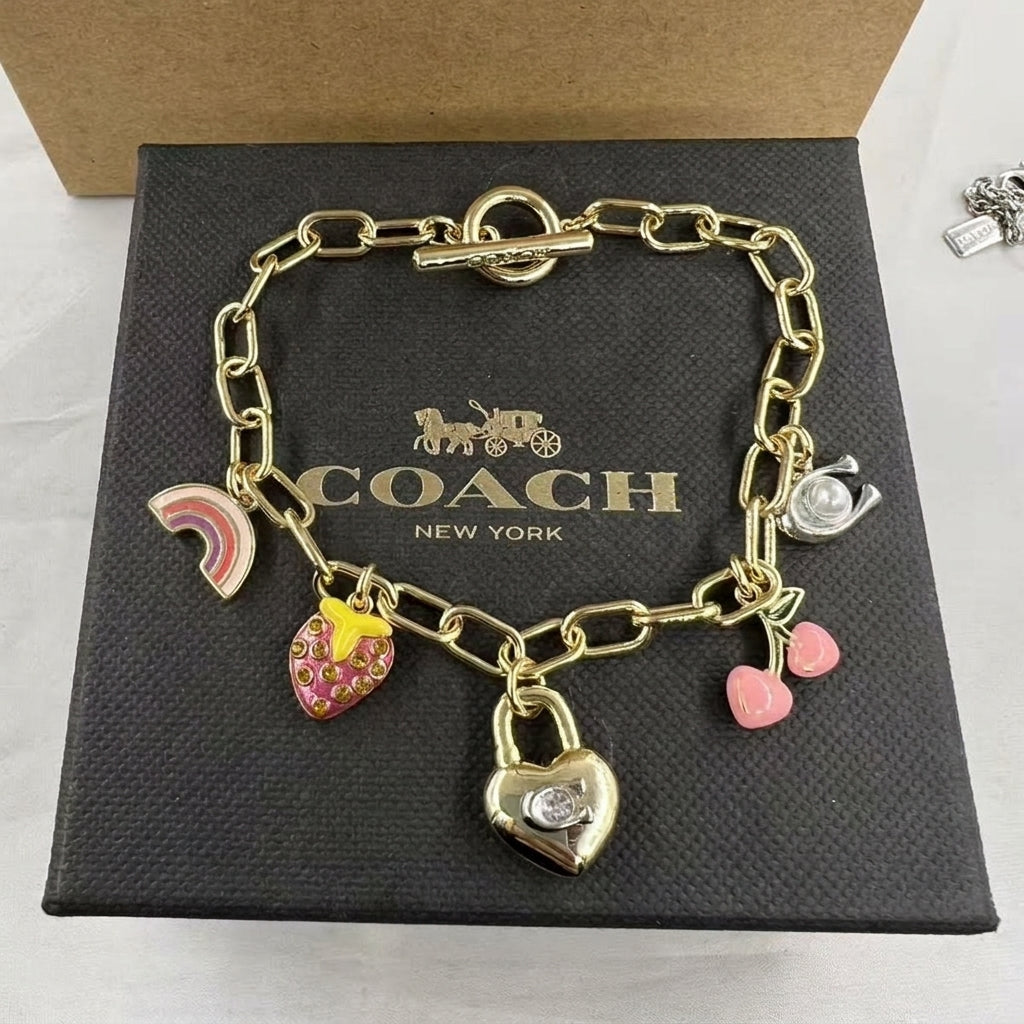 COACH Strawberry & Heart Multi-Charm Gold-Tone Chain Necklace
