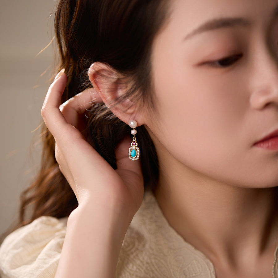 Model Wearing Jade Serenity Earrings – Elegant Oriental Style