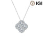 IGI certified diamond necklace featuring a silver-toned four-petal clover pendant with a central cluster of round brilliant-cut diamonds and surrounding pavé diamonds, suspended from a delicate link chain on a white background.