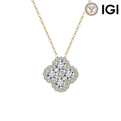 IGI certified yellow gold necklace with a four-petal clover pendant set with brilliant round diamonds, shown on a white background with the IGI logo in the top right corner.