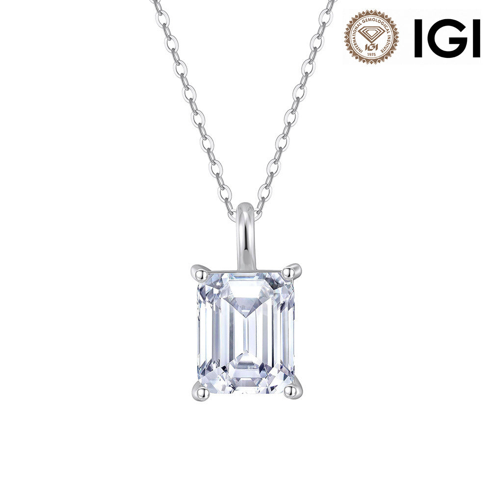 A silver solitaire necklace featuring an emerald-cut clear gemstone pendant, shown on a white background with an IGI certification logo in the top right corner.