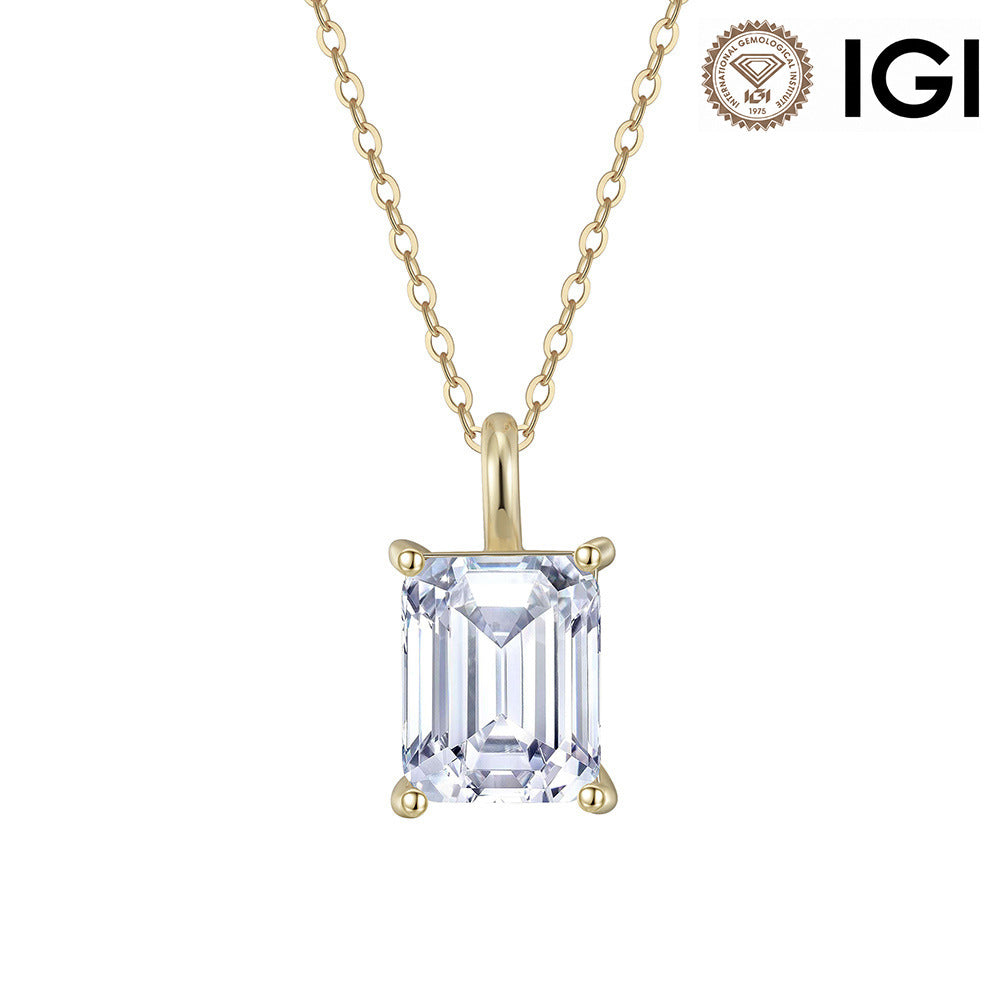 A gold necklace with an emerald-cut clear gemstone pendant in a four-prong setting, shown on a white background with an IGI certification logo in the top right corner.