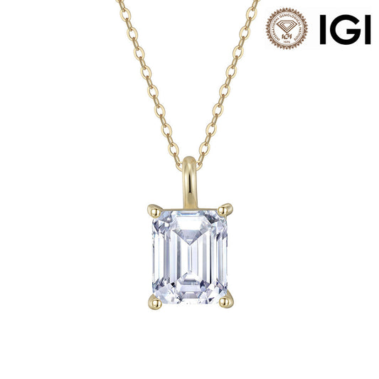 A gold necklace with an emerald-cut clear gemstone pendant in a four-prong setting, shown on a white background with an IGI certification logo in the top right corner.