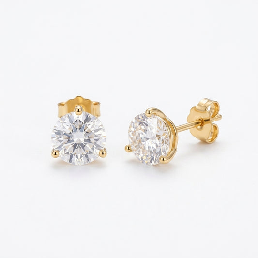 10K & 14K &1 8K  yellow gold 3mm round cut lab diamond bridal engagement stud earrings pair on white studio background