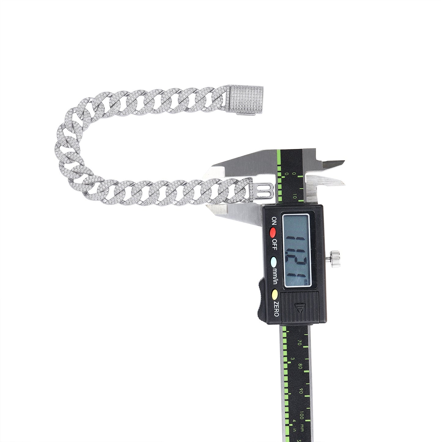 High-definition shot of the bracelet laid flat and fully extended on pure white.
