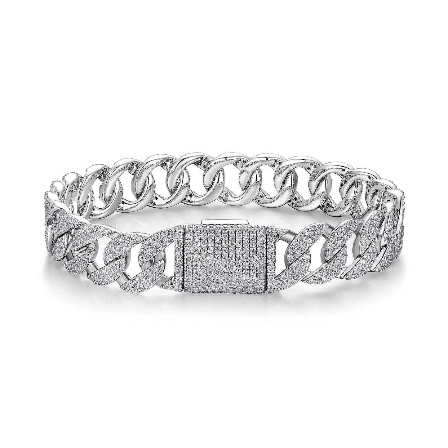 High-definition shot of the bracelet laid flat and fully extended on pure white.