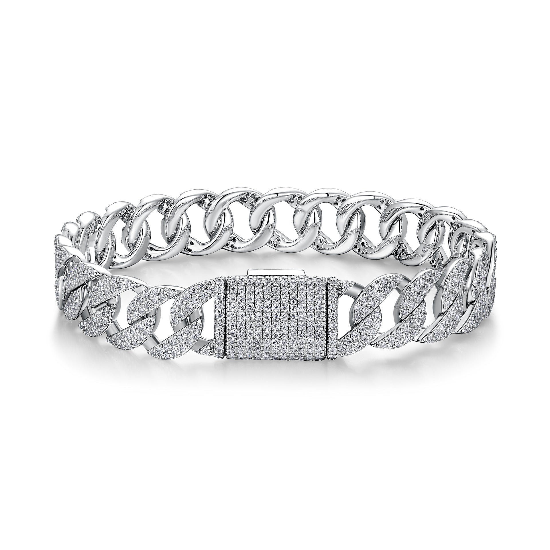 High-definition shot of the bracelet laid flat and fully extended on pure white.