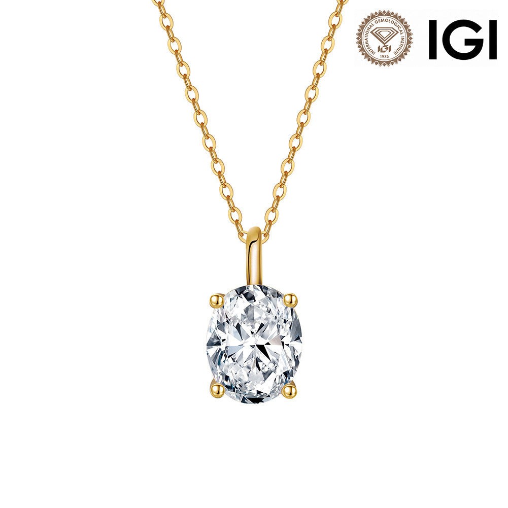 10k yellow gold 7x9mm four-prong oval lab diamond engagement pendant necklace with IGI logo on white background