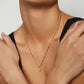 Model wearing 10k yellow gold 5x7mm four-prong oval lab diamond engagement pendant necklace