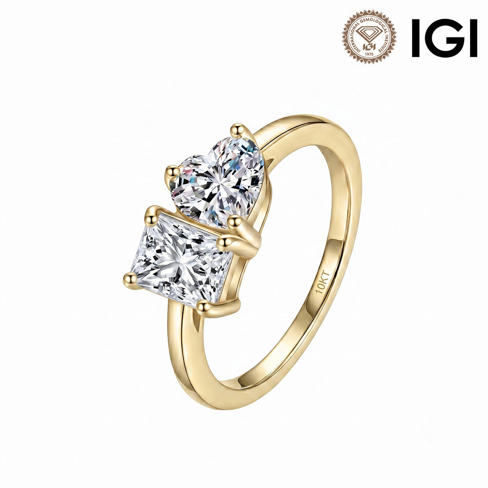 10k yellow gold heart and princess cut toi et moi lab-grown diamond engagement ring with IGI logo isolated on white background