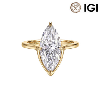 10k yellow gold marquise cut lab diamond solitaire V ring with IGI logo isolated on white studio background
