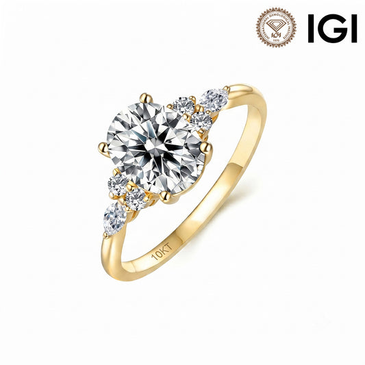10k yellow gold oval cut lab-grown diamond cluster accent engagement ring with IGI logo isolated on white background