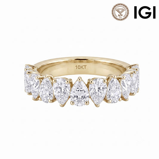 10k yellow gold pear cut lab diamond eternity engagement ring with IGI logo isolated on white studio background