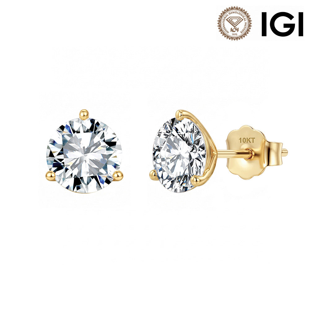 10k yellow gold 3mm round cut lab diamond bridal engagement stud earrings with IGI logo on white background   