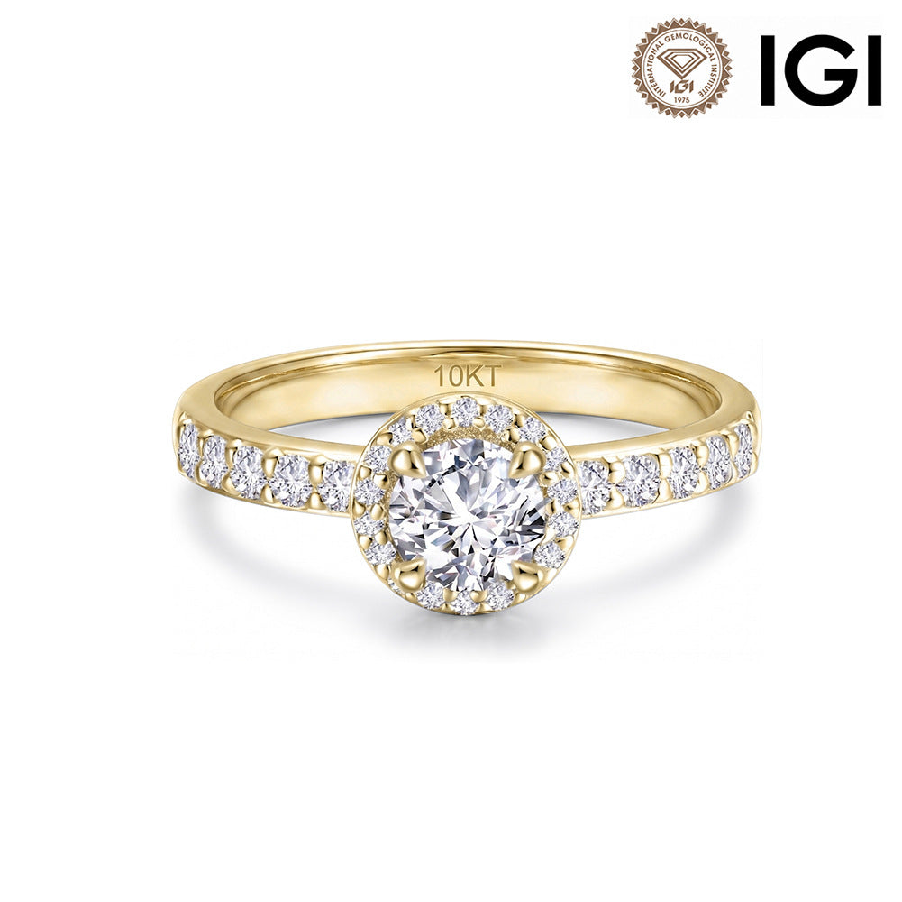 10k yellow gold round brilliant lab diamond halo engagement ring with pave band and IGI logo on white studio background