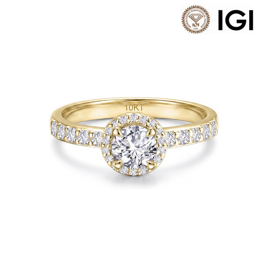 10k yellow gold round brilliant lab diamond halo engagement ring with pave band and IGI logo on white studio background