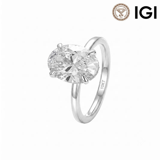 10k white gold 2 ct oval cut lab diamond solitaire engagement ring with IGI logo isolated on white studio background