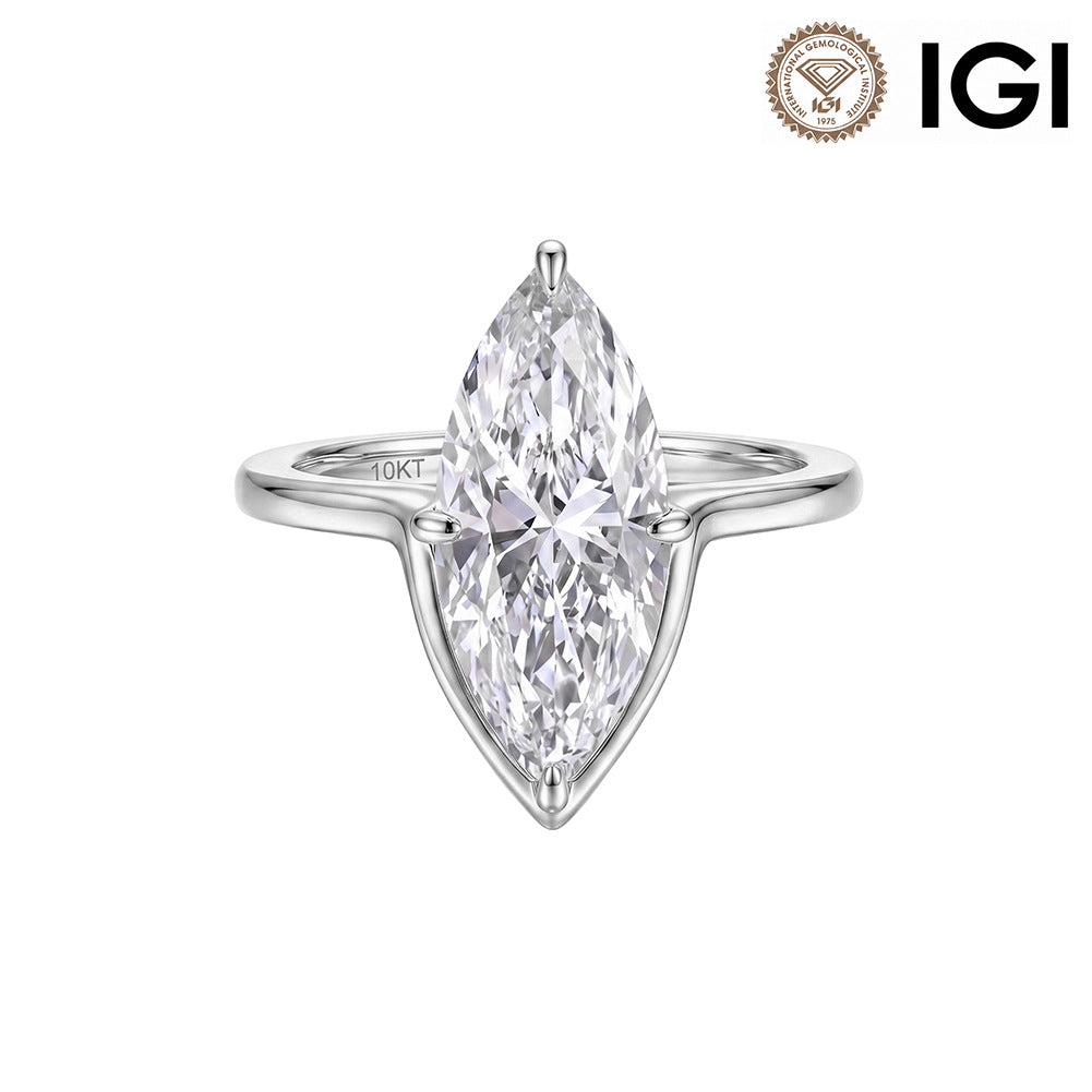 10k white gold marquise cut lab diamond solitaire V ring with IGI logo isolated on white background