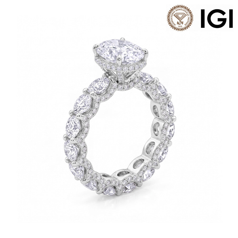 10k white gold oval cut lab diamond engagement pave ring with eternity band and IGI logo on white background