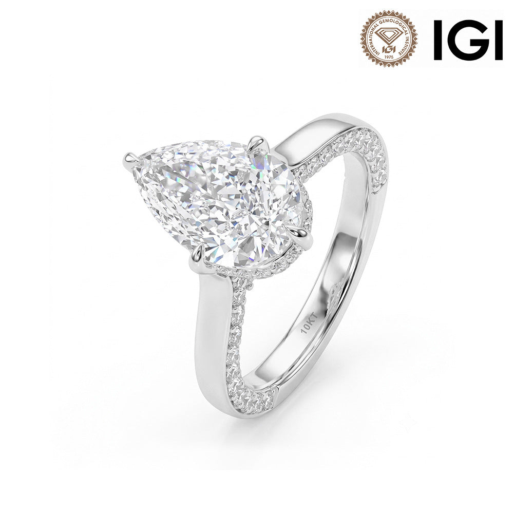 10k white gold pear cut lab-grown diamond hidden halo pave engagement ring with IGI logo on white background