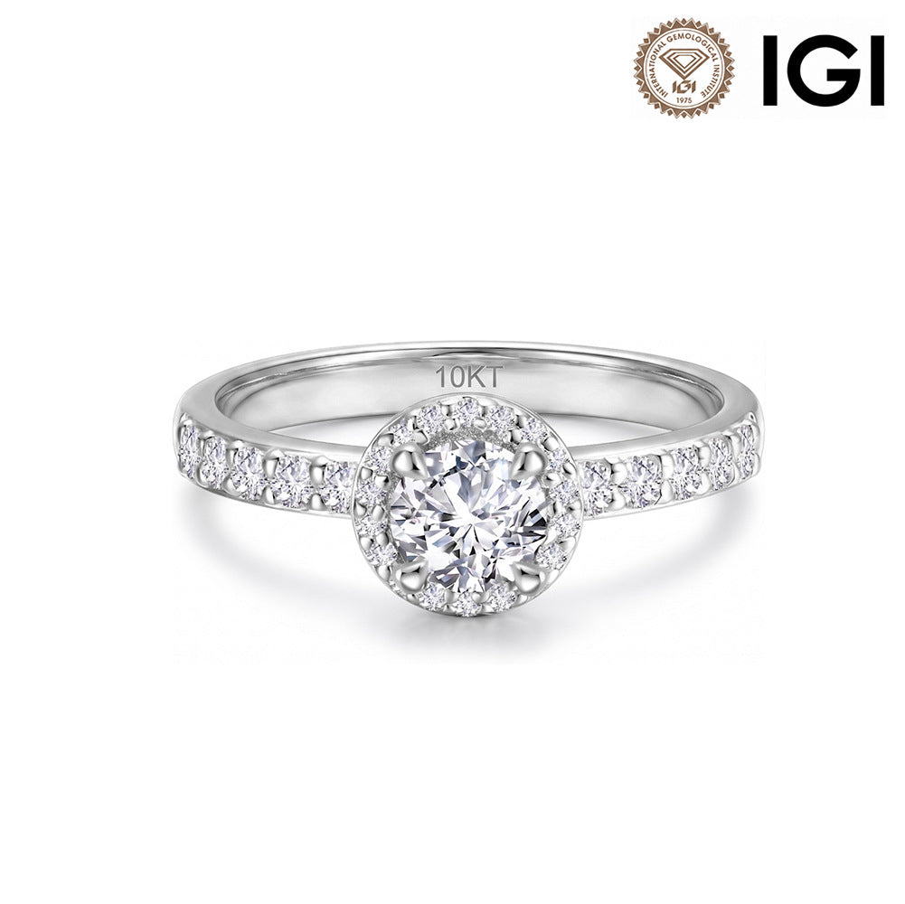 10k white gold round brilliant lab diamond halo engagement ring with pave band and IGI logo isolated on white background