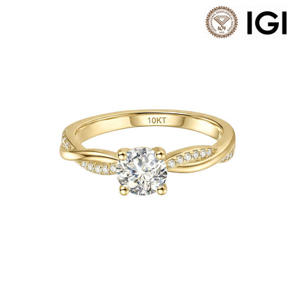 10k yellow gold round cut lab-grown diamond twist vine engagement ring with IGI logo isolated on white studio background