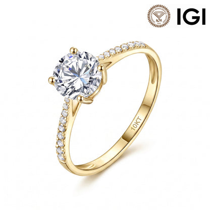 10k yellow gold round brilliant lab-grown diamond solitaire engagement ring with pave band and IGI logo isolated on white studio background   
