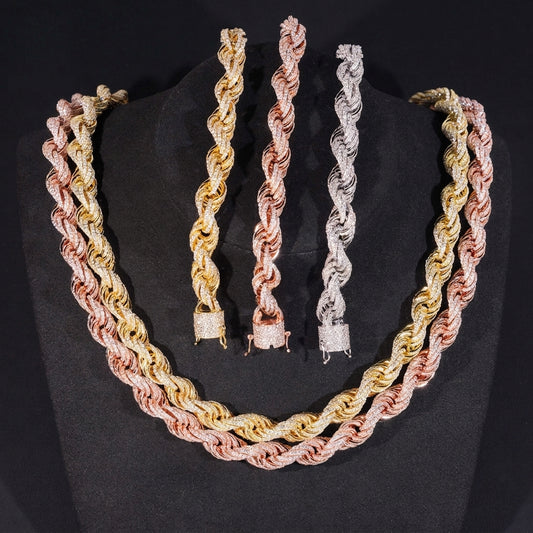 10mm iced out moissanite rope chain necklaces and bracelets set in yellow gold rose gold and silver on mannequin bust
