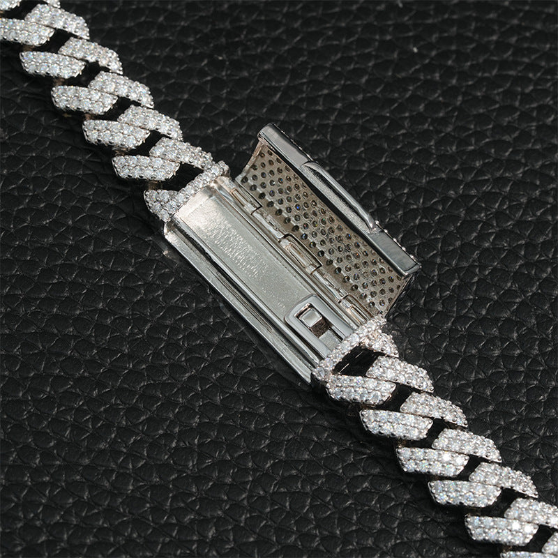  10mm iced out cuban chain on neutral or dark background, showing full pavé sparkle. Alt: “10mm Iced Out Cuban Link Chain – 925 Sterling Silver.”