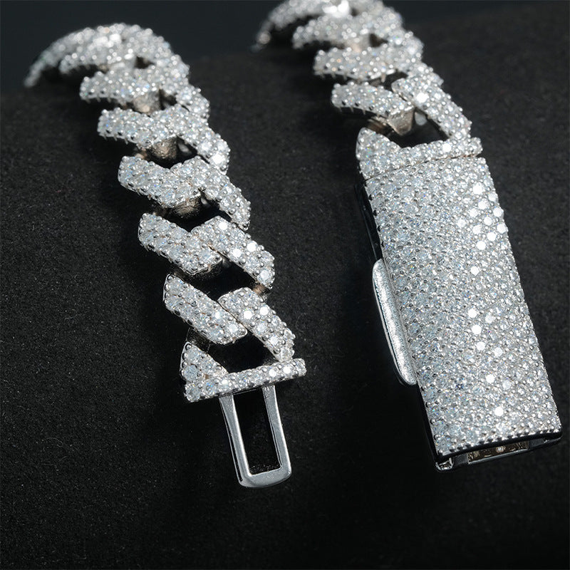  10mm iced out cuban chain on neutral or dark background, showing full pavé sparkle. Alt: “10mm Iced Out Cuban Link Chain – 925 Sterling Silver.”