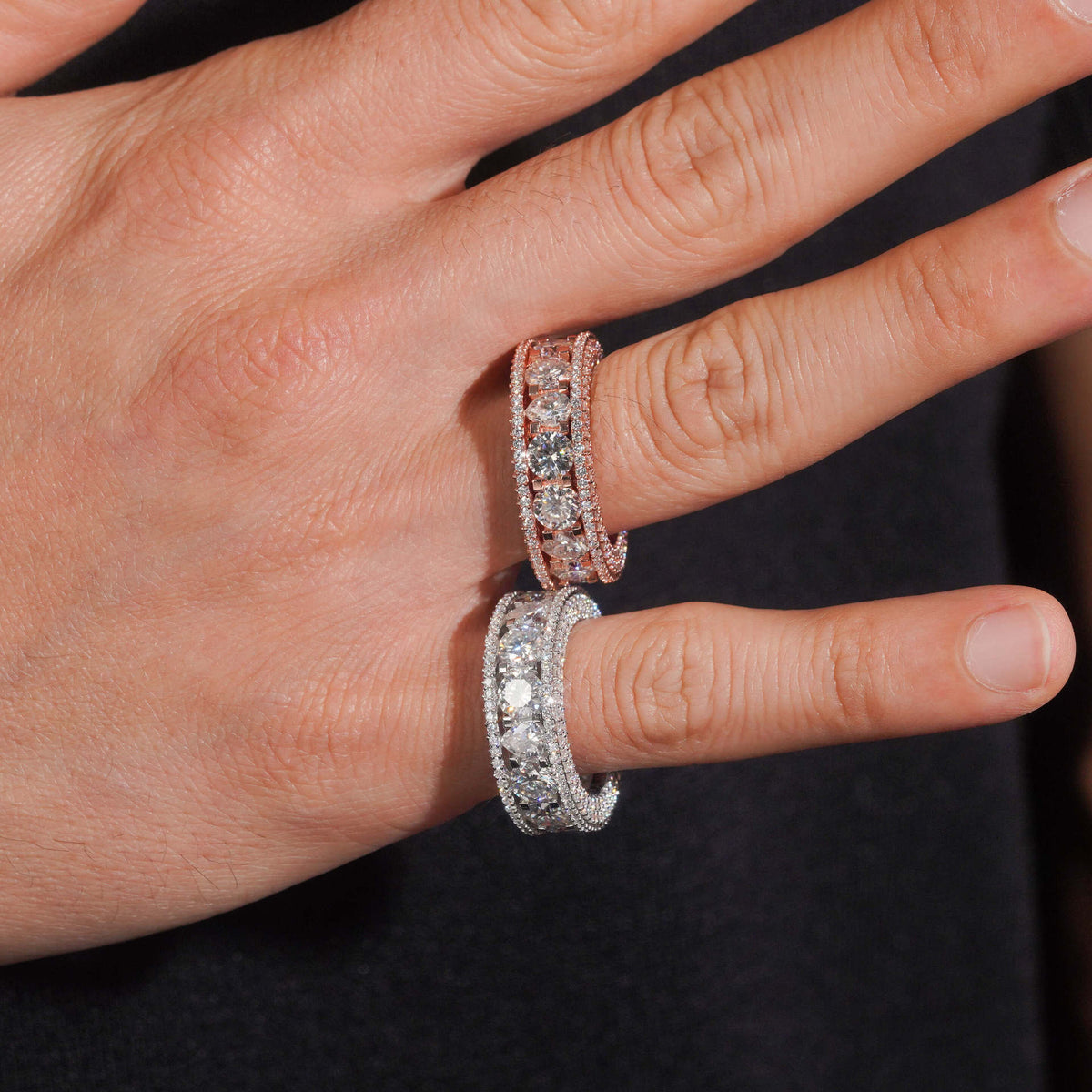 Iced Out Round Moissanite Eternity Band with Pavé Borders