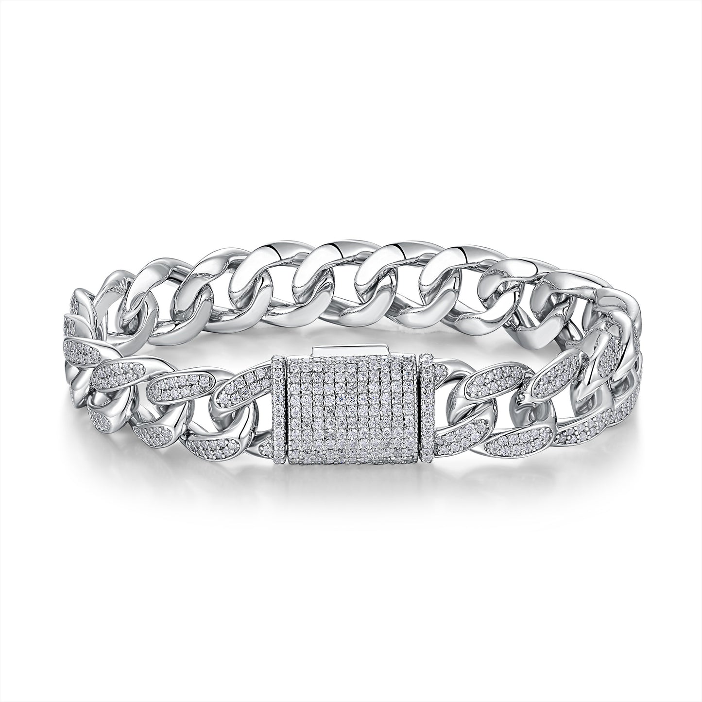 High-quality 12mm moissanite iced out Cuban link chain bracelet in 925 sterling silver, luxury hip hop jewelry for men.